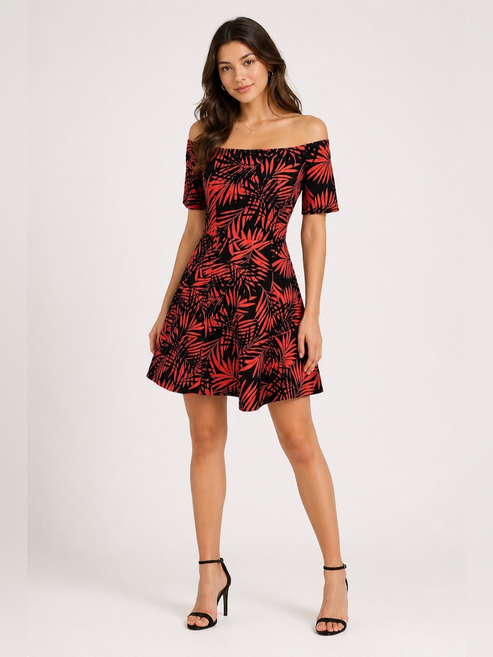 Zara Tropical Palm Print Off Shoulder Fit & Flare Mini Dress Red Black Size S